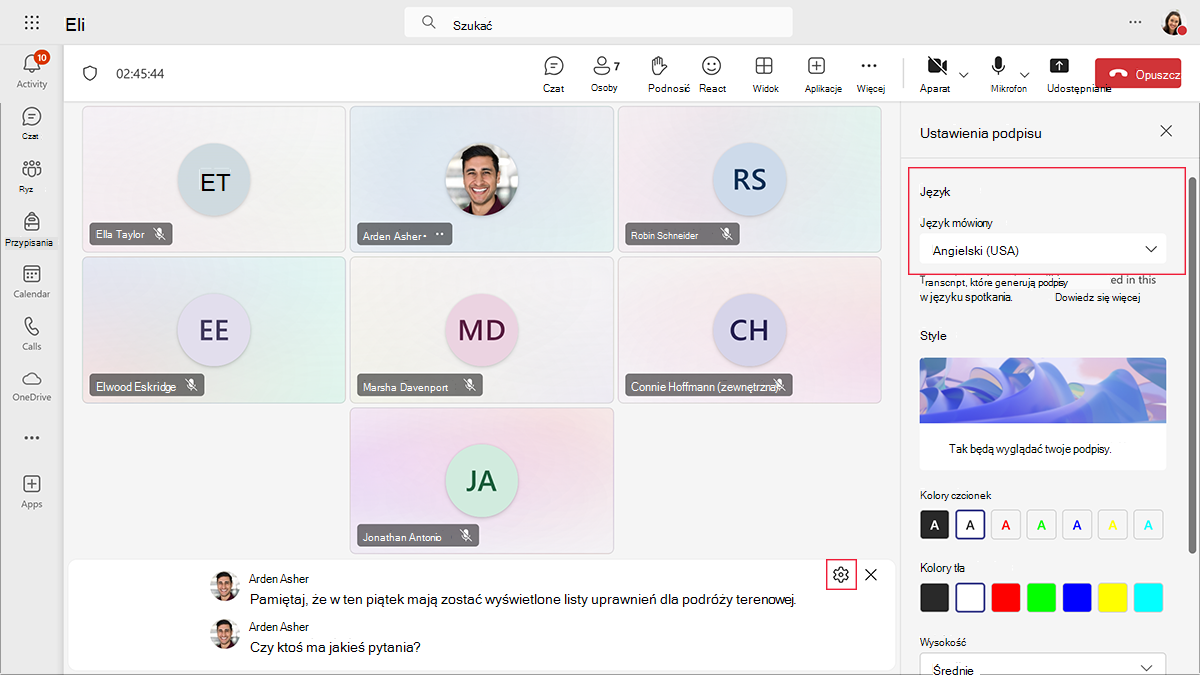 Zrzut ekranu przedstawiający sposób zmiany języka mówionego dla podpisów na żywo na spotkaniu usługi Teams.