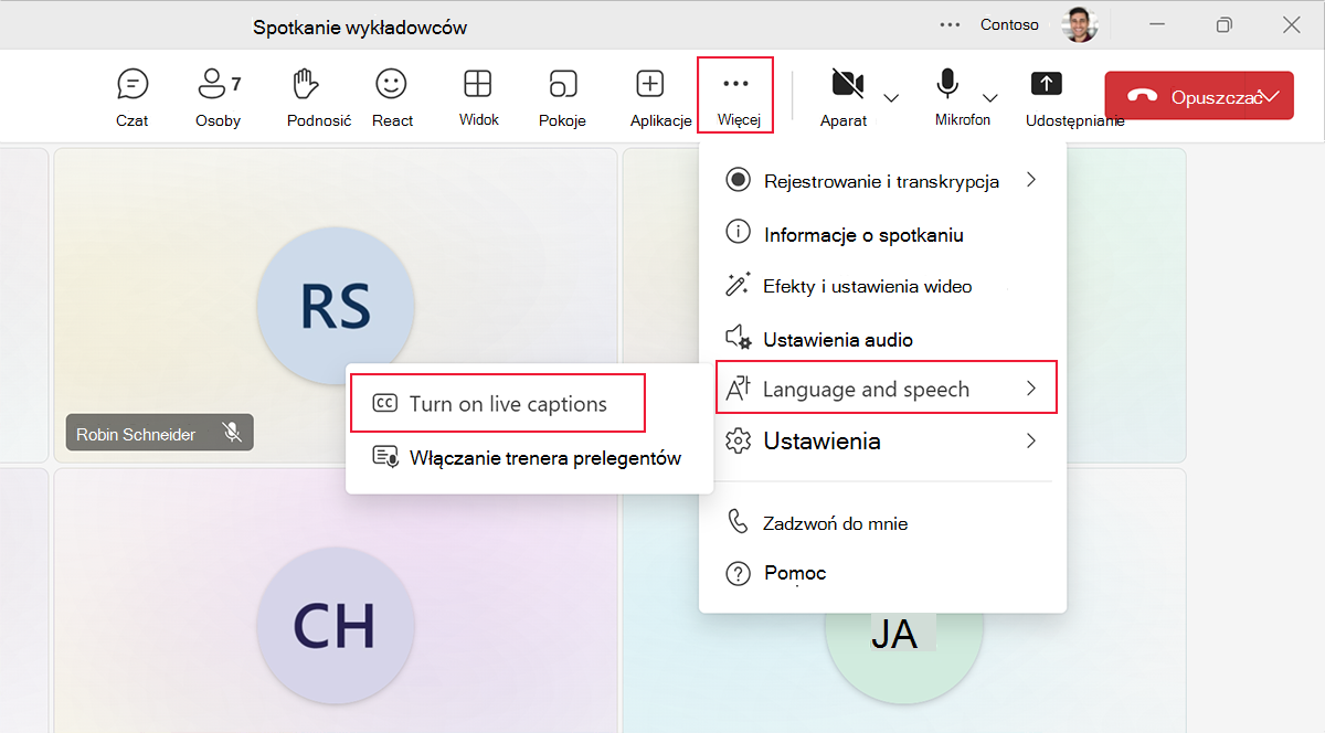 Zrzut ekranu przedstawiający sposób włączania podpisów na żywo na spotkaniu usługi Microsoft Teams.