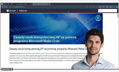 Zrzut ekranu przedstawiający tryb wyróżniania prezentera na spotkaniach usługi Microsoft Teams.