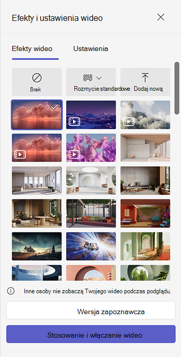 Zrzut ekranu przedstawiający opcje wirtualnego tła spotkania w usłudze Teams.