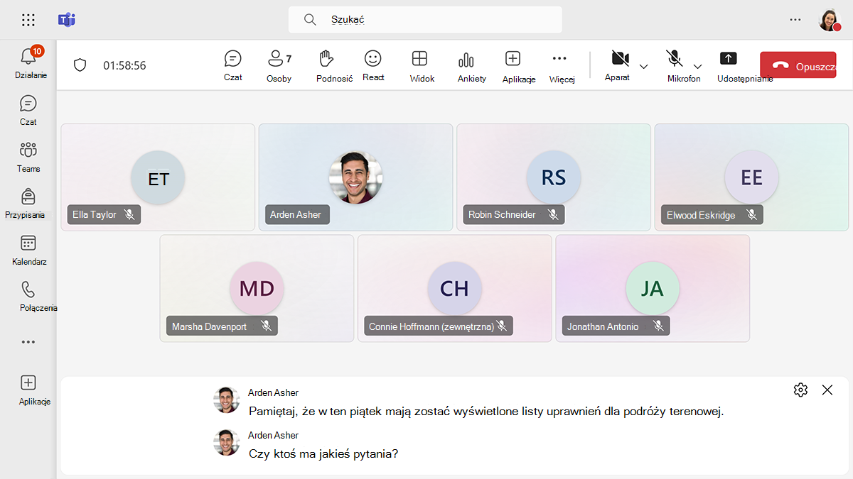 Zrzut ekranu przedstawiający napisy na żywo na spotkaniu w usłudze Microsoft Teams.