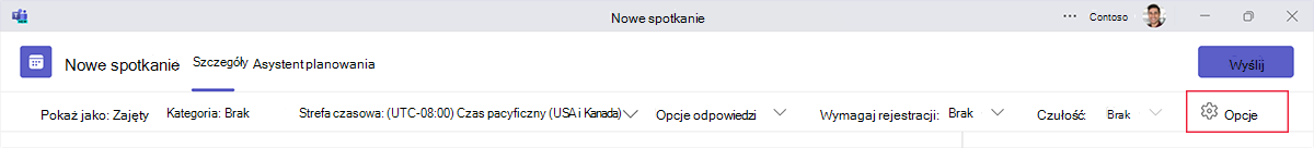 Zrzut ekranu przedstawiający przycisk Opcje podczas planowania nowego spotkania w usłudze Teams.