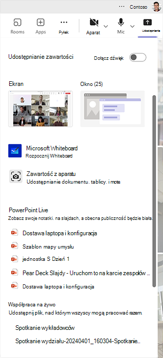 Zrzut ekranu przedstawiający wiele sposobów udostępniania zawartości i współpracy nad nią na spotkaniu w usłudze Microsoft Teams.