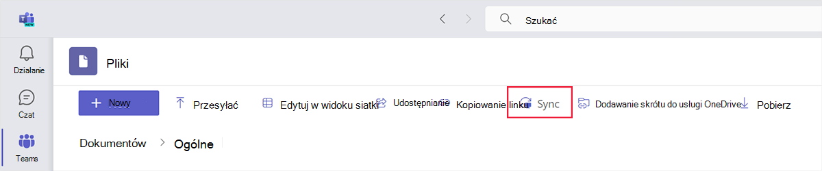 Zrzut ekranu przedstawiający kartę Pliki i ikonę synchronizacji w usłudze Microsoft Teams.