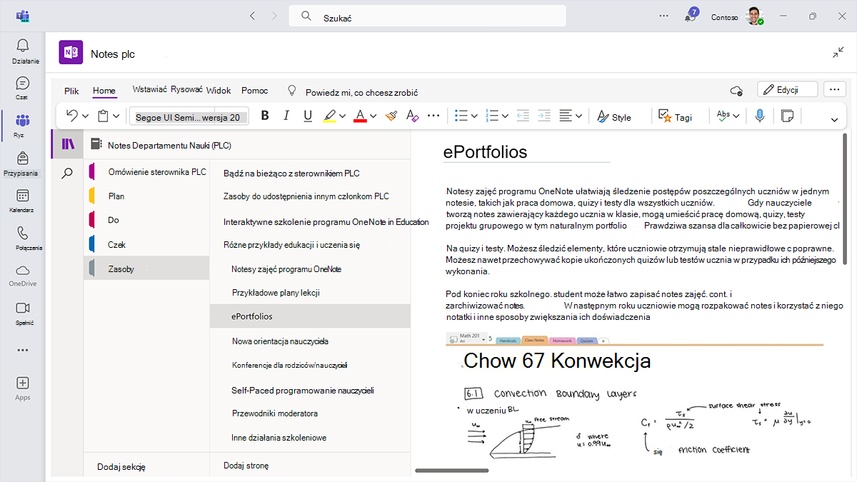 Zrzut ekranu przedstawiający notes programu OneNote sterownika PLC w Microsoft Teams dla instytucji edukacyjnych otwarty w sekcji zasobów.