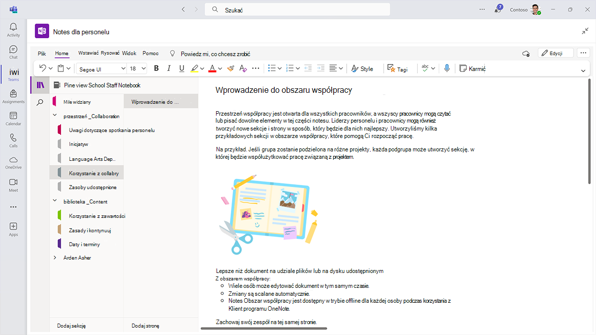 Zrzut ekranu przedstawiający obszar współpracy notesu programu OneNote dla personelu w Microsoft Teams dla instytucji edukacyjnych.