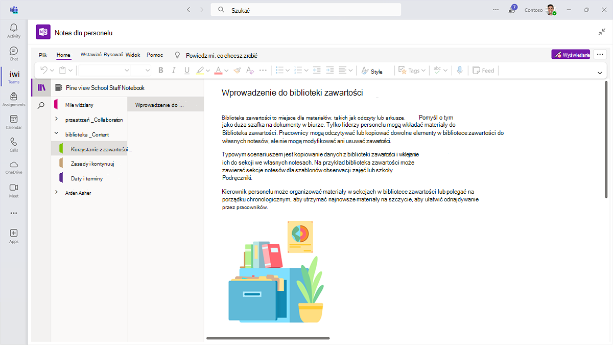 Zrzut ekranu przedstawiający stronę Wprowadzenie dla biblioteki zawartości zespołu pracowników w Microsoft Teams dla instytucji edukacyjnych.