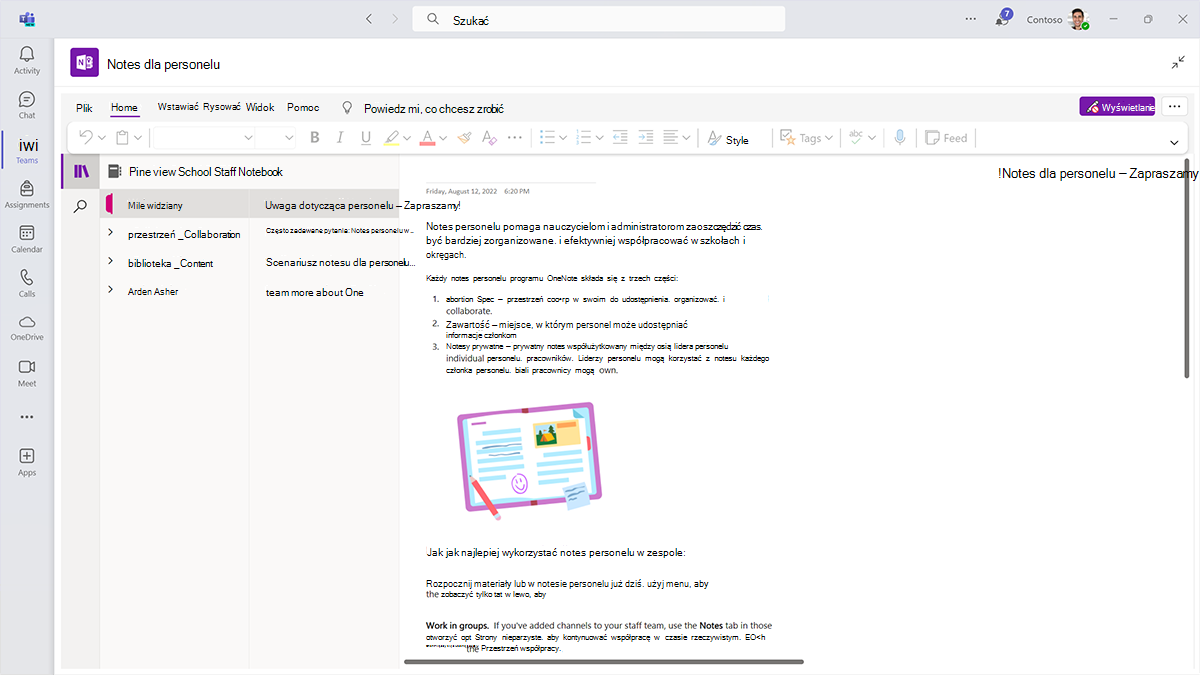 Zrzut ekranu przedstawiający stronę powitalną notesu programu OneNote dla personelu w Microsoft Teams dla instytucji edukacyjnych.