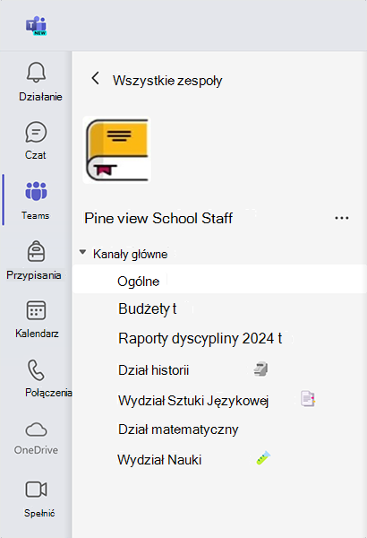 Zrzut ekranu przedstawiający typy kanałów, które zespół personelu może zawierać w Microsoft Teams dla instytucji edukacyjnych.