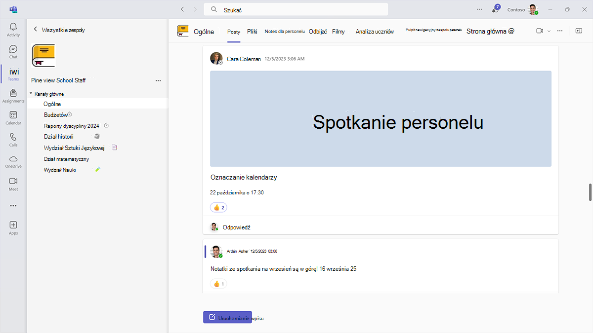 Zrzut ekranu przedstawiający ogłoszenia dotyczące spotkań pracowników w kanale ogólnym zespołu pracowników w Microsoft Teams dla instytucji edukacyjnych.