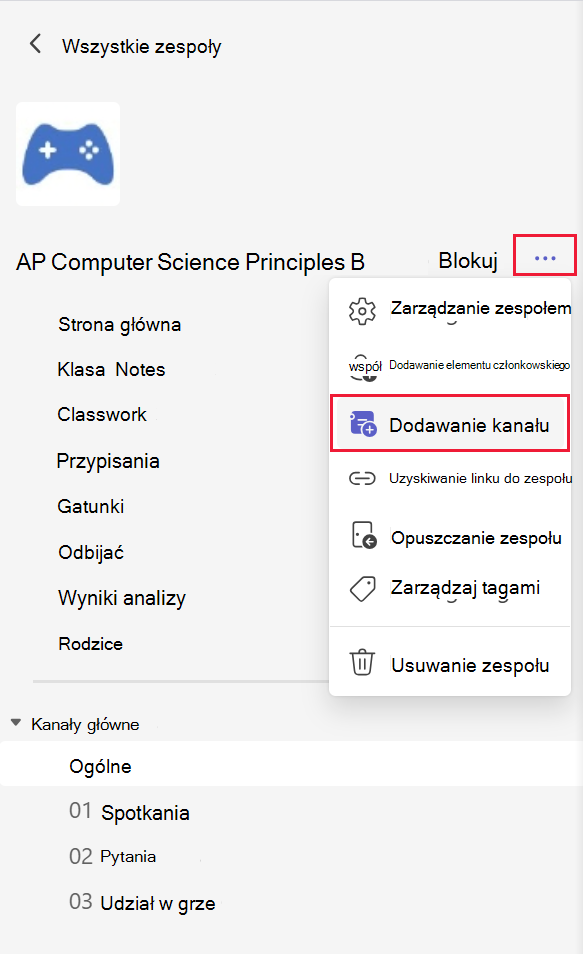 Zrzut ekranu przedstawiający sposób dodawania kanału do zespołu w usłudze Microsoft Teams.