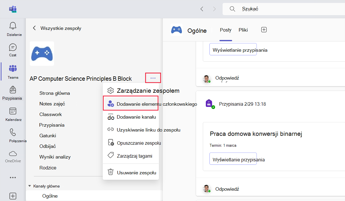 Zrzut ekranu przedstawiający obszar dodawania nowego członka do zespołu w usłudze Microsoft Teams.