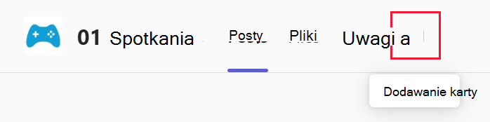 Zrzut ekranu przedstawiający sposób dodawania karty do kanału w usłudze Microsoft Teams.