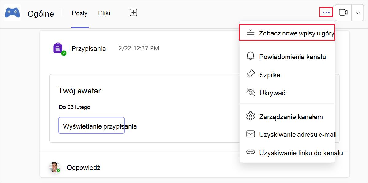 Zrzut ekranu przedstawiający ustawienia dostosowywania kolejności sortowania wpisów kanałów w usłudze Microsoft Teams.