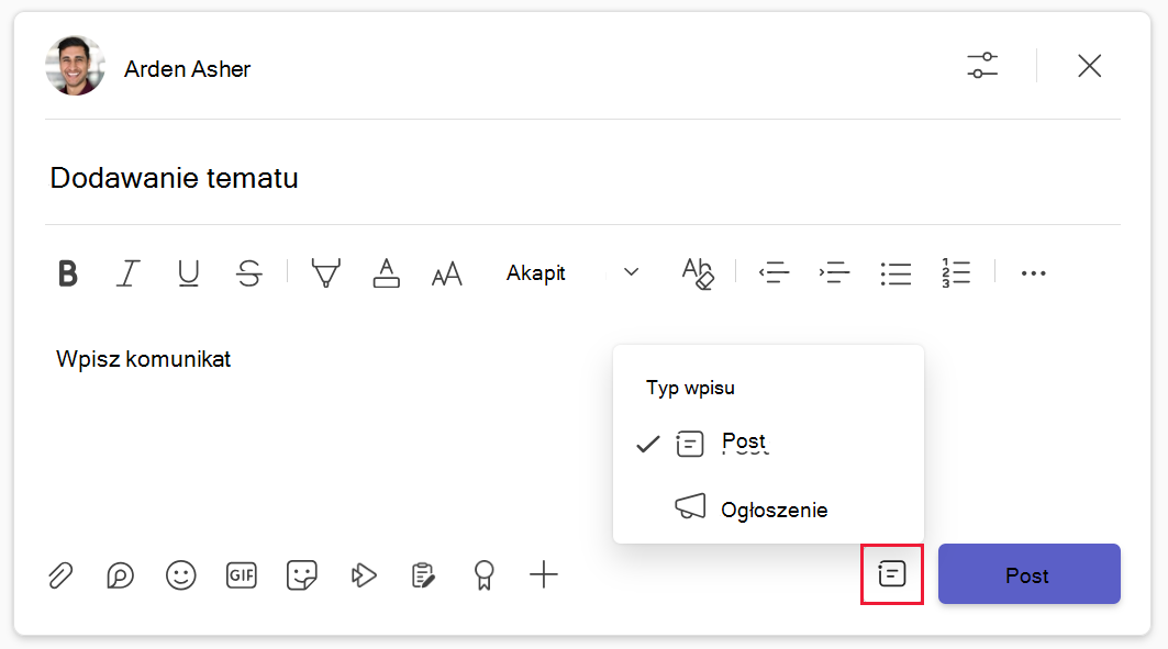 Zrzut ekranu przedstawiający ustawienia typu wpisu dla wpisów w kanale w usłudze Microsoft Teams.