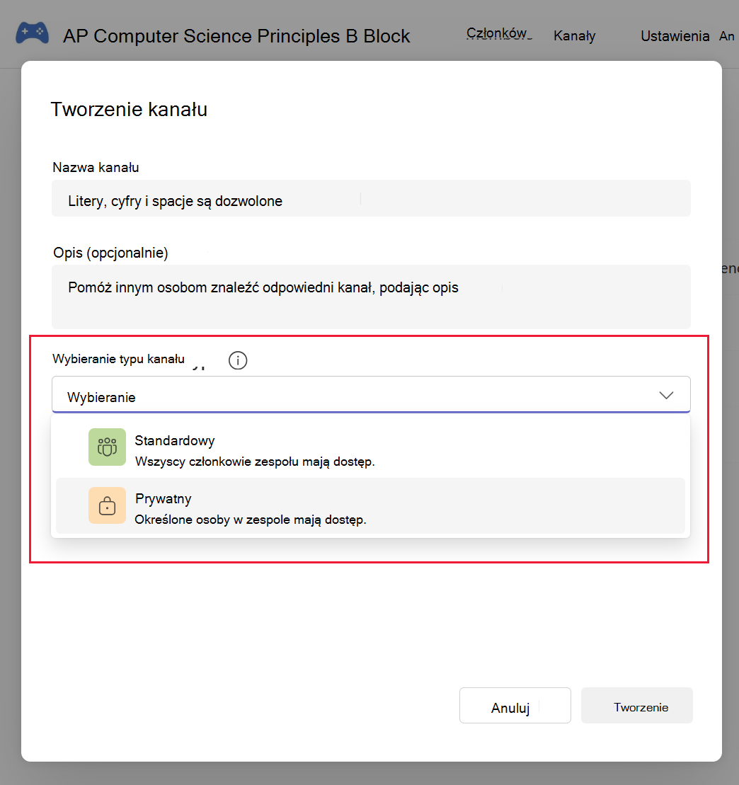 Zrzut ekranu przedstawiający ustawienia prywatności dla nowego kanału w usłudze Microsoft Teams.