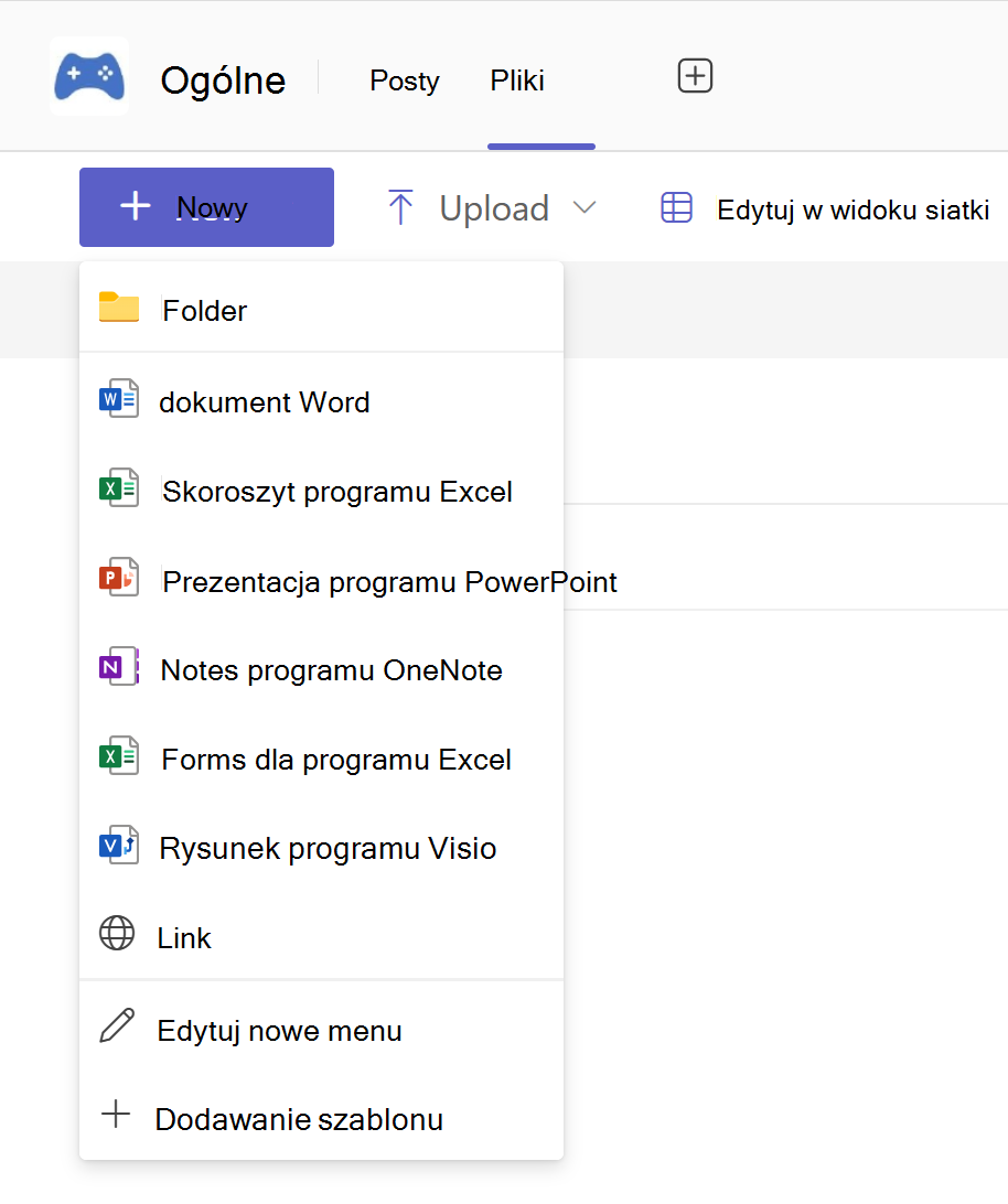 Zrzut ekranu przedstawiający typy dokumentów dostępnych na karcie Pliki w usłudze Microsoft Teams.