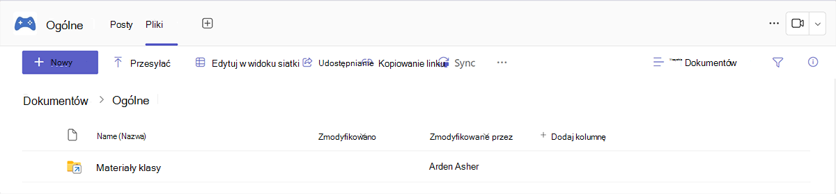 Zrzut ekranu przedstawiający kartę Pliki w usłudze Microsoft Teams.