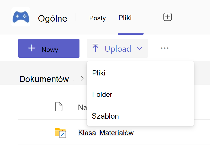 Zrzut ekranu przedstawiający typy dokumentów, które można przekazać na kartę Pliki w usłudze Microsoft Teams.