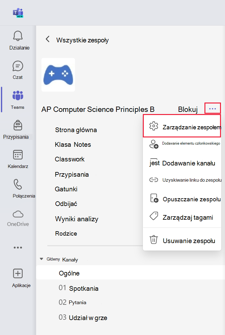 Zrzut ekranu przedstawiający menu więcej opcji i link do zarządzania ustawieniami zespołu w usłudze Microsoft Teams.