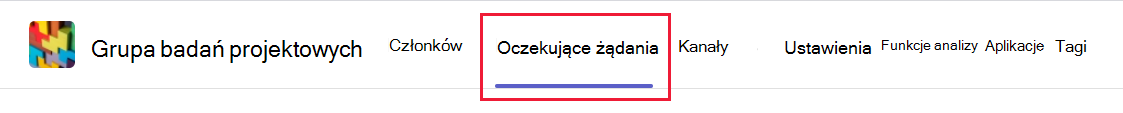 Zrzut ekranu przedstawiający kartę Oczekujące żądania w menu zespołu zarządzania w usłudze Microsoft Teams.