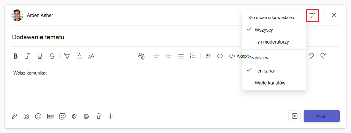 Zrzut ekranu przedstawiający ustawienia publikowania dla osób, które mogą odpowiedzieć i opcję publikowania w wielu kanałach w usłudze Microsoft Teams.