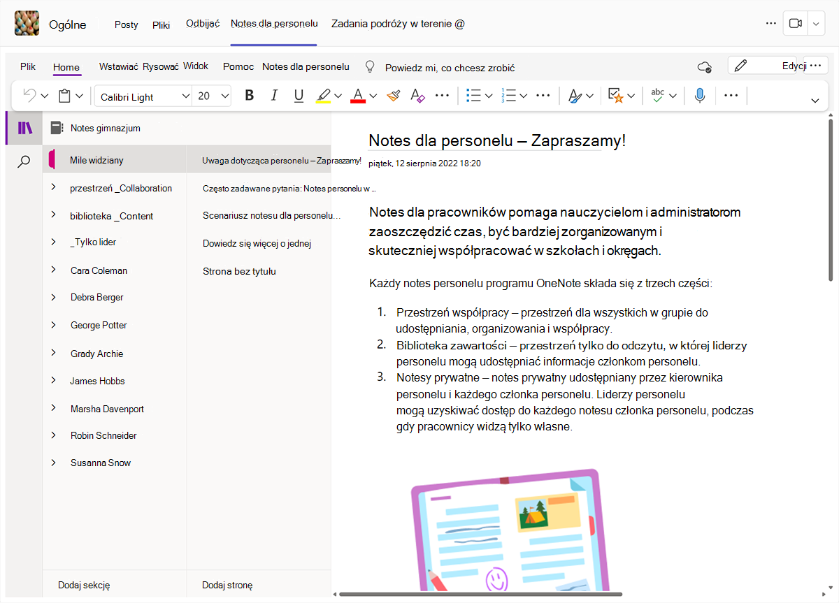 Zrzut ekranu przedstawiający notes pracowników programu OneNote w usłudze Microsoft Teams.