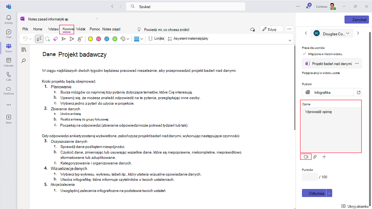 Zrzut ekranu przedstawiający miejsce, w którym nauczyciele mogą przekazać opinię przez dodawanie adnotacji, wpisywanie lub nagrywanie wideo podczas klasyfikowania przypisania w usłudze Teams.