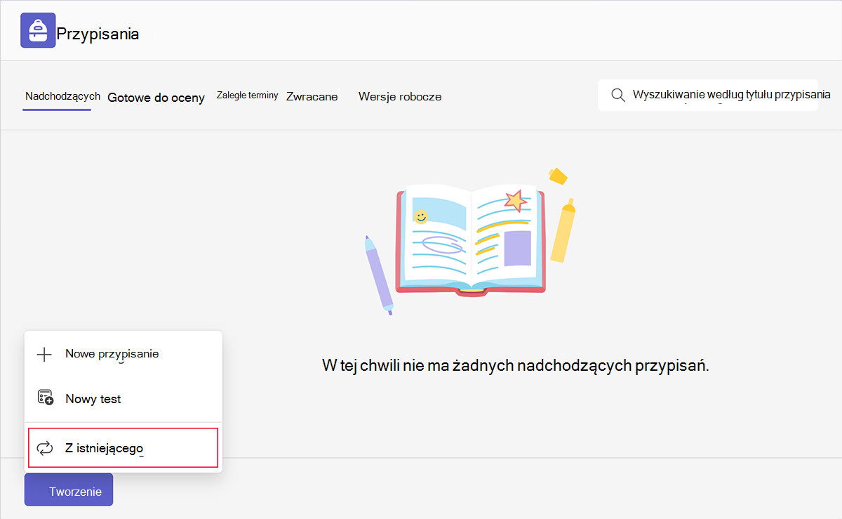 Zrzut ekranu przedstawiający opcję utworzenia nowego przypisania na podstawie istniejącego przypisania w Microsoft Teams dla instytucji edukacyjnych.