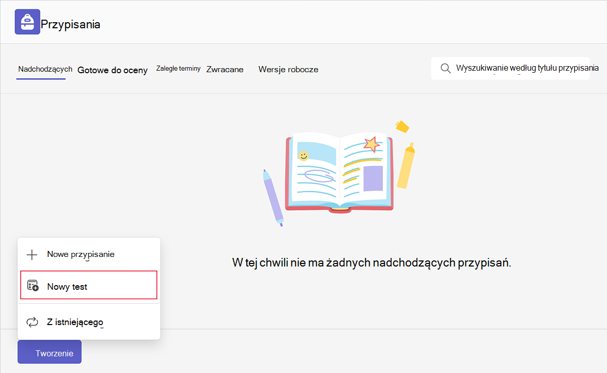 Zrzut ekranu przedstawiający nową opcję testu podczas tworzenia nowego przypisania w Microsoft Teams dla instytucji edukacyjnych.