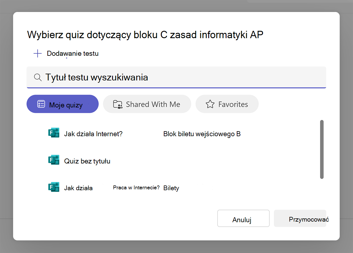 Zrzut ekranu przedstawiający opcję wyboru istniejącego testu Microsoft Forms podczas tworzenia przypisania.