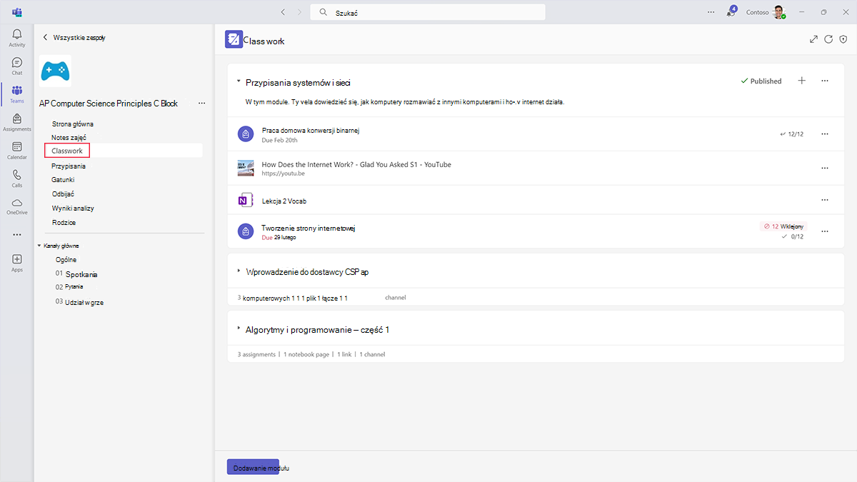 Zrzut ekranu przedstawiający zasoby i przypisania klas zorganizowane w Classwork w Microsoft Teams dla instytucji edukacyjnych.