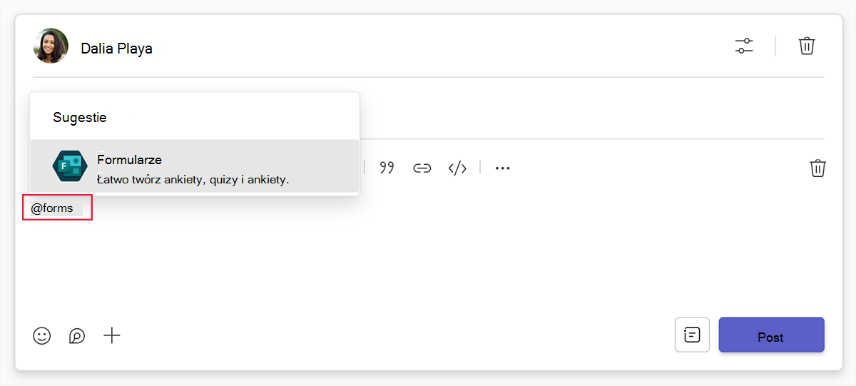 Zrzut ekranu przedstawiający funkcję @forms do osadzania formularza we wpisie kanału w usłudze Microsoft Teams.