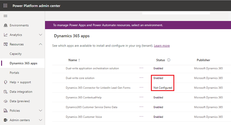 Screenshot of the Manage apps tenant view, showing the Enabled and Not Configured statuses.