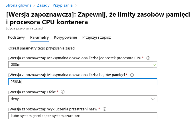 Screenshot that shows the information captured in the Parameters tab.