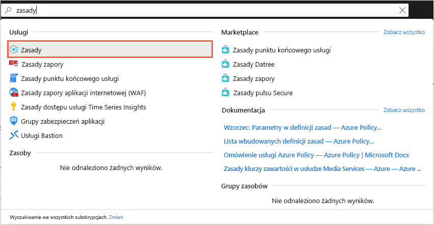 Zrzut ekranu przedstawiający ogólne pole wyszukiwania w witrynie Azure Portal z wynikiem pokazującym usługę Azure Policy.