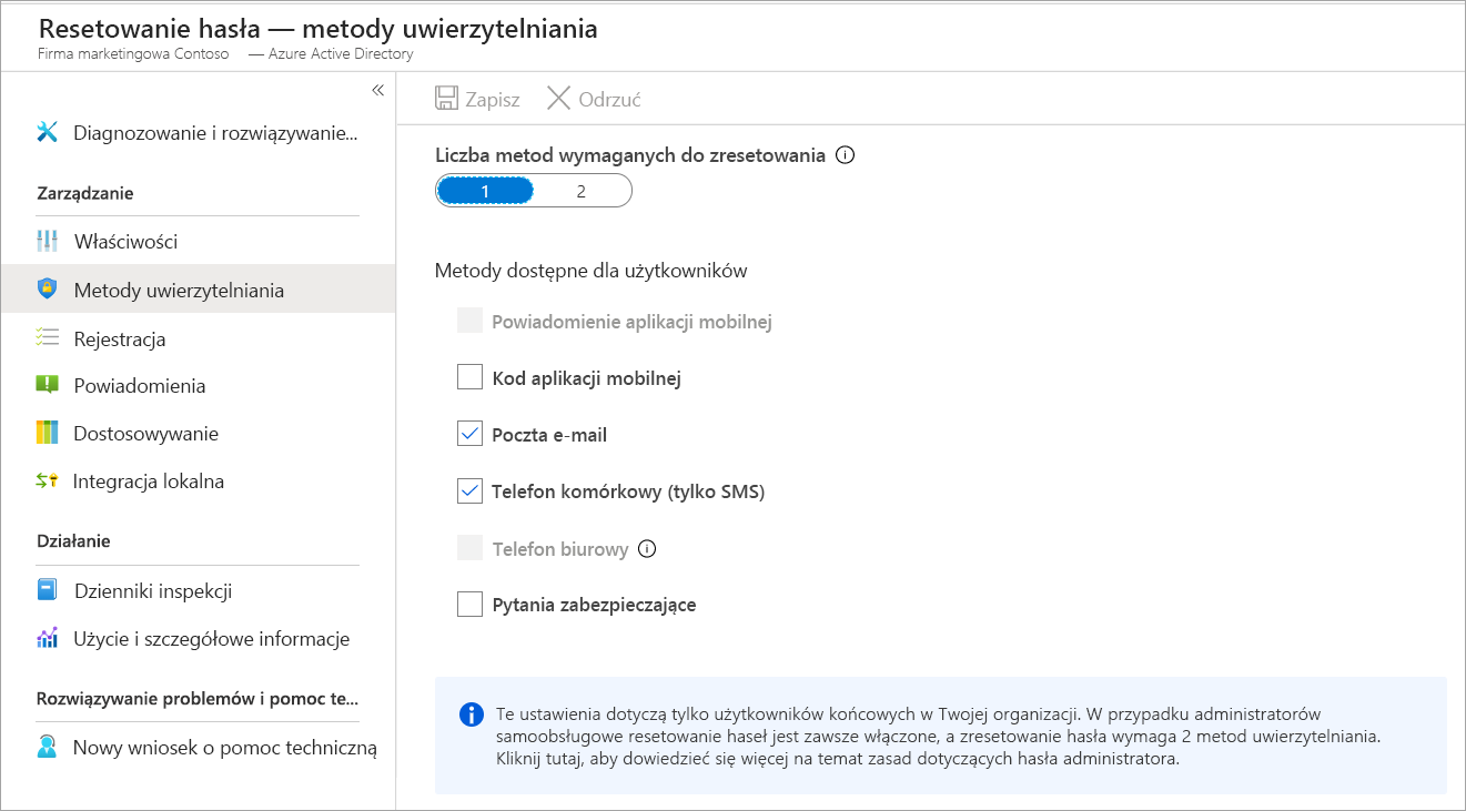 Zrzut ekranu przedstawiający panel z opcjami uwierzytelniania i wybraną opcję Metody uwierzytelniania na panelu Resetowanie hasła.