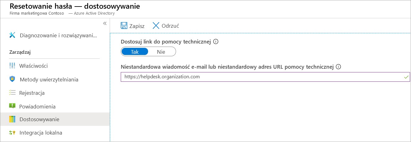 Zrzut ekranu przedstawiający panel z opcjami pomocy technicznej i wybraną opcję Dostosowywanie na panelu Resetowanie hasła.