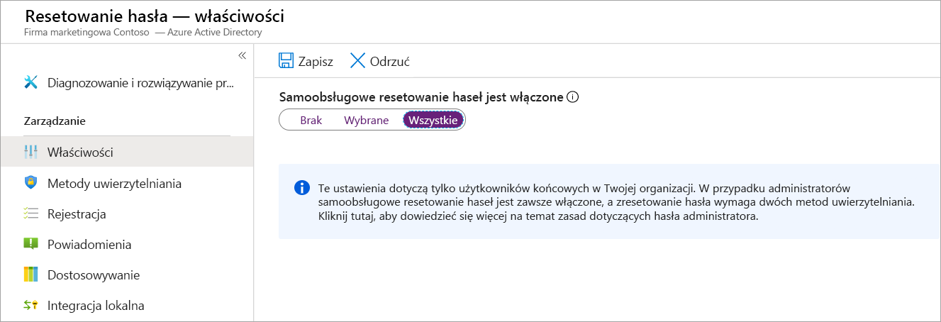 Zrzut ekranu przedstawiający panel konfiguracji resetowania hasła. Opcja Właściwości jest zaznaczona, zezwalając użytkownikowi na włączanie samoobsługowych resetowania haseł.