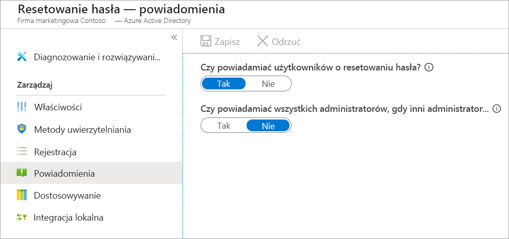 Zrzut ekranu przedstawiający panel z opcjami powiadomień i wybraną opcję Powiadomienia na panelu Resetowanie hasła.