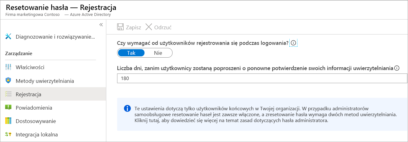 Zrzut ekranu przedstawiający panel z opcjami rejestracji i wybraną opcję Rejestracja na panelu Resetowanie hasła.