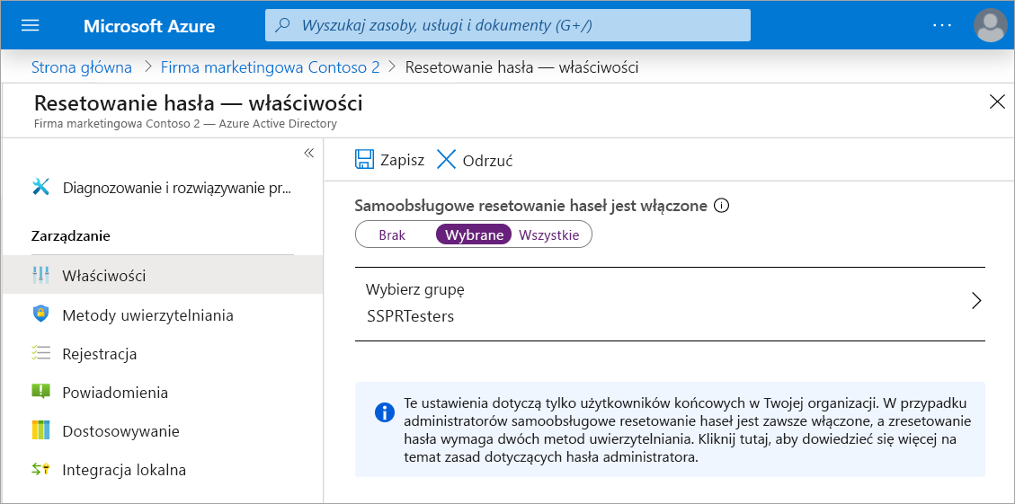 Zrzut ekranu przedstawiający panel z właściwościami Resetowanie hasła z włączoną funkcją SSPR i wybraną grupą SSPRTesters.