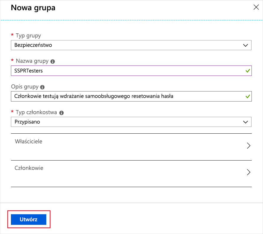 Zrzut ekranu przedstawiający wypełniony nowy formularz grupy i wyróżniony przycisk tworzenia.