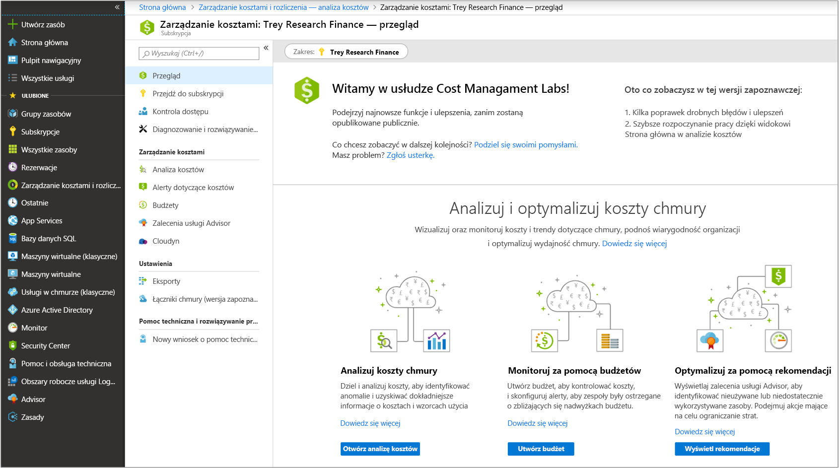 Zrzut ekranu przestawiający witrynę Azure Portal po przejściu do panelu przeglądu usługi Cost Management za pomocą pozycji Zarządzanie kosztami i rozliczenia w bocznym menu nawigacyjnym.