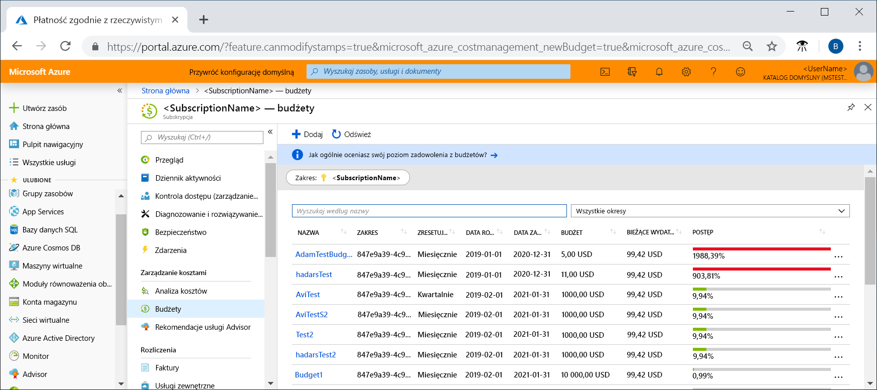 Zrzut ekranu przedstawiający utworzone budżety w usłudze Cost Management.