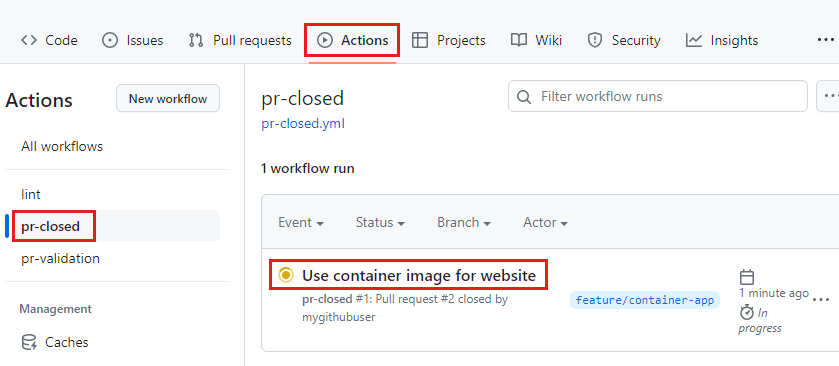 Zrzut ekranu przedstawiający okienko Funkcji GitHub Actions z wyświetlonym działaniem zamkniętego przepływu pracy P R.