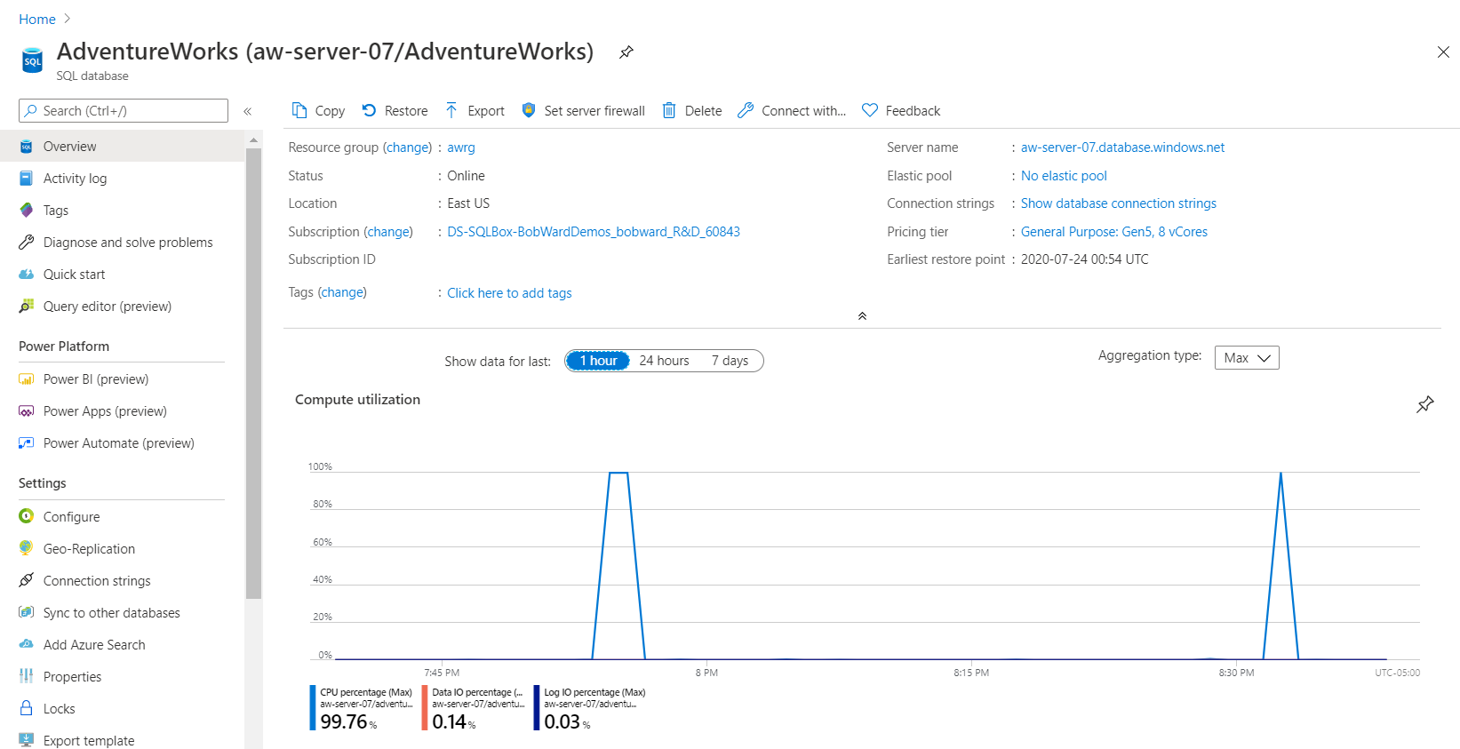 Screenshot of compute comparison in the Azure portal.