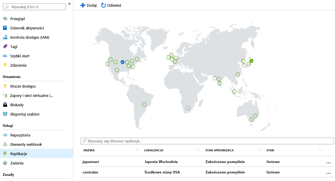 Zrzut ekranu przedstawiający mapę świata rejestru kontenerów platformy Azure z replikowanymi i dostępnymi lokalizacjami.