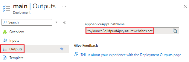 Zrzut ekranu przedstawiający interfejs witryny Azure Portal dla danych wyjściowych określonego wdrożenia.