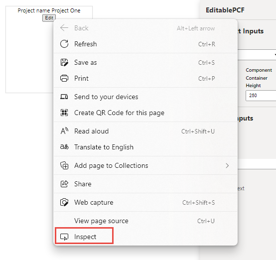 Screenshot of selecting an element in your component and selecting Inspect.